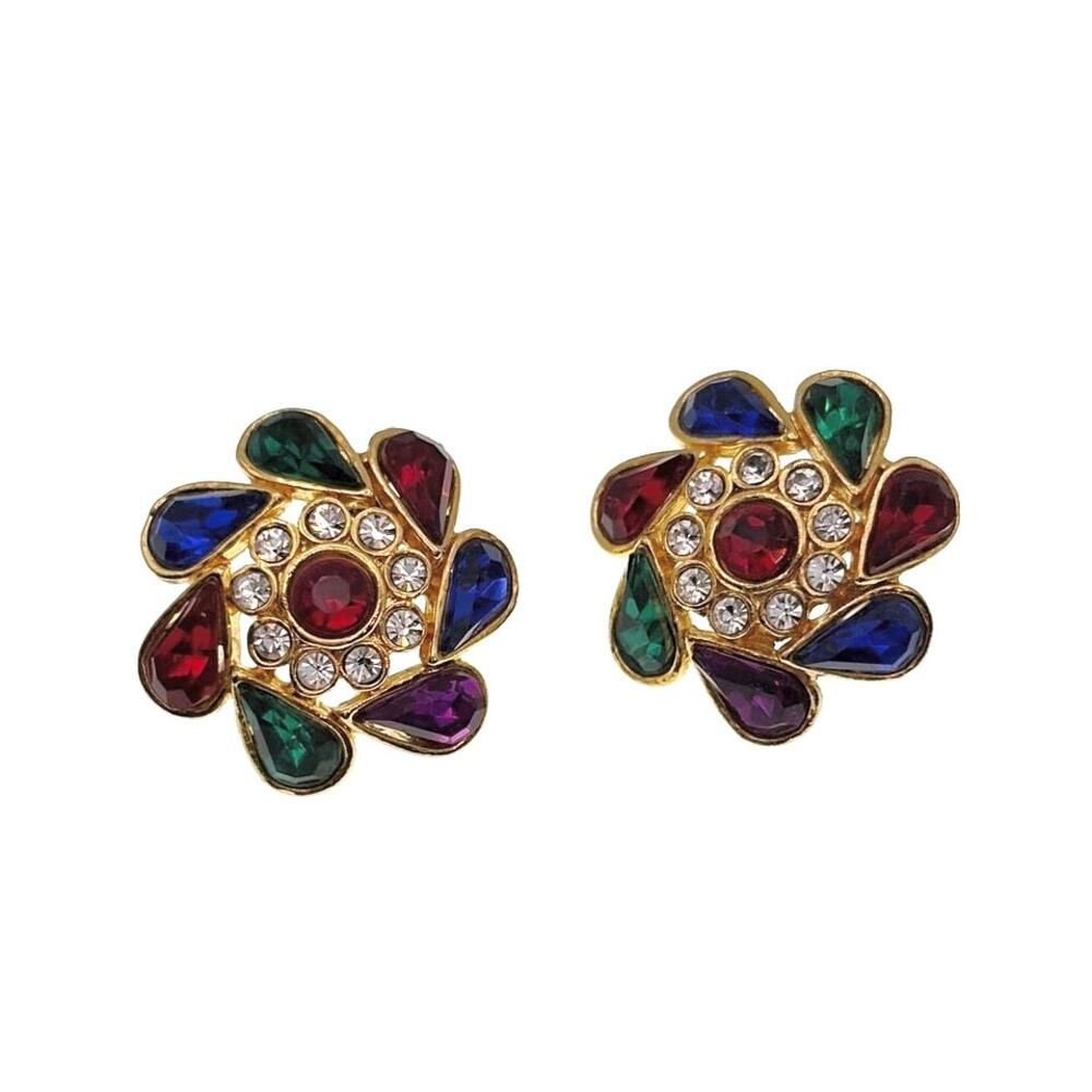 Vintage Colorful Rhinestones Studs Earrings Flower Shape